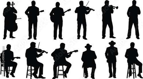 Black silhouette collection of musicians playing instruments like guitar violin and trumpet isolated on white background for music and entertainment