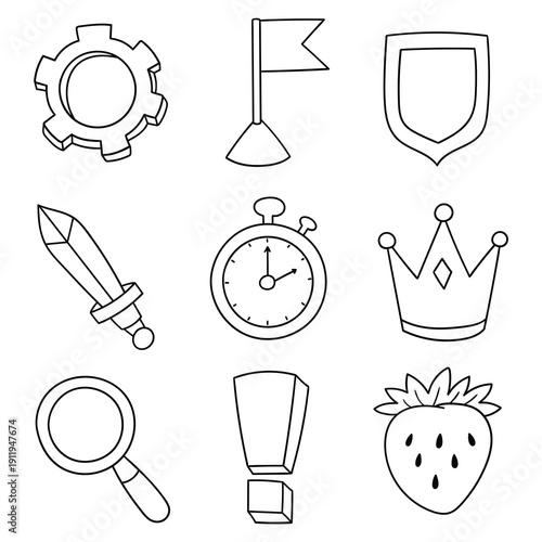Hand-drawn doodle set of video game elements on a white background.