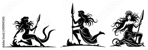 Set of black silhouettes of mythological female warriors and goddesses holding spears in ancient style