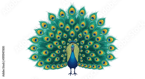 Vector illustration of a majestic peacock with spread tail feathers on a white background