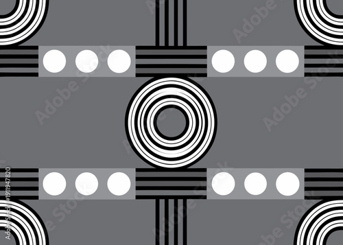 Seamless grayscale geometric background featuring concentric circles and striped bar elements