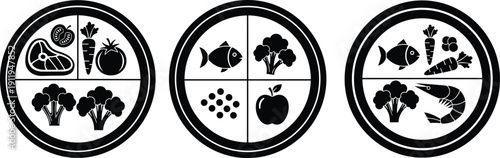 Healthy food plate silhouette icon set, balanced diet nutrition vector, meat fish vegetables broccoli shrimp icons, organic meal planning concept isolated.
