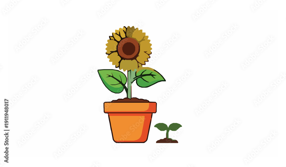 Obraz premium Sunflower cartoon vector set with yellow flowers in pots and seedlings for garden, nursery, and kids illustrations
