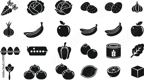 Vector illustration set of grocery icons featuring fruit, vegetables, eggs, canned goods, and healthy food silhouettes isolated on white background.