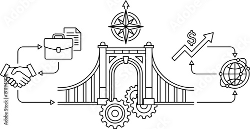Vector Line Art of Business Bridge Concept: Connecting Partnership to Global Financial Success and Growth