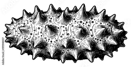 Detailed hand drawn spiky organic sea creature or virus cell in engraving style