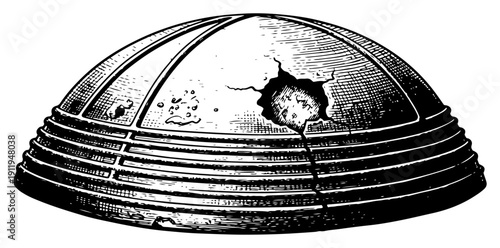 Broken metallic dome hatch with large crack in vintage ink style