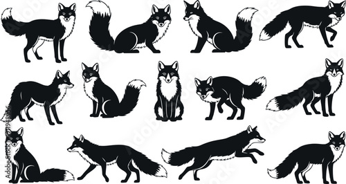 set of black and white illustrations of foxes in various poses and expressions
