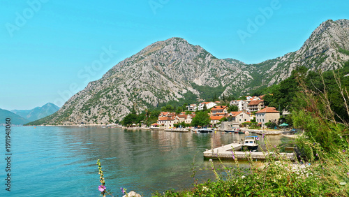 Canvas Print beautiful village by the lake with mountain, Montenegro
