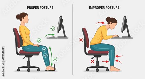 Proper and improper posture while sitting at a desk with a computer monitor