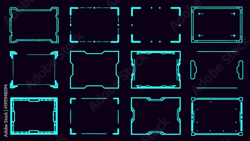Collection of futuristic cyan geometric frames and panels against a dark background