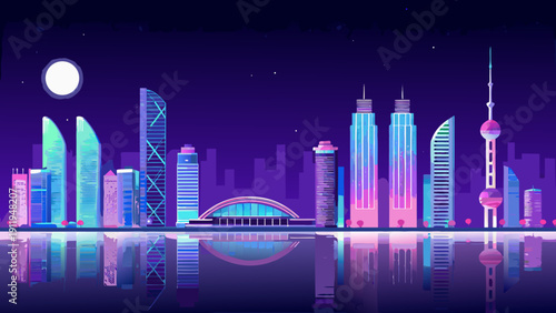 Vibrant futuristic cityscape skyline at night with a glowing moon and reflective water