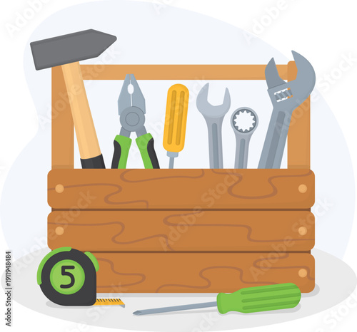 Illustration of wooden toolbox with essential tools. Composition of workbox, pliers, tape measure, hammer, wrenches and screwdrivers.