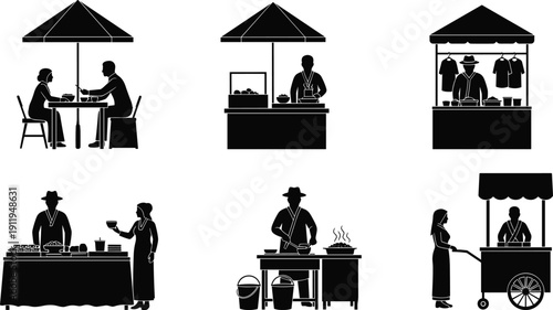 Street food market silhouette set featuring vendors, stalls, outdoor dining, food carts, and people eating, isolated on a white background