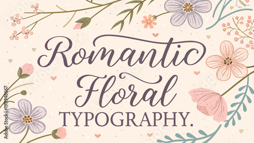 Romantic floral typography with beautiful flowers and hearts