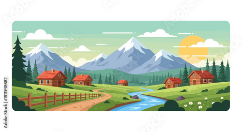 Serene Mountain Village Landscape with River and Houses.