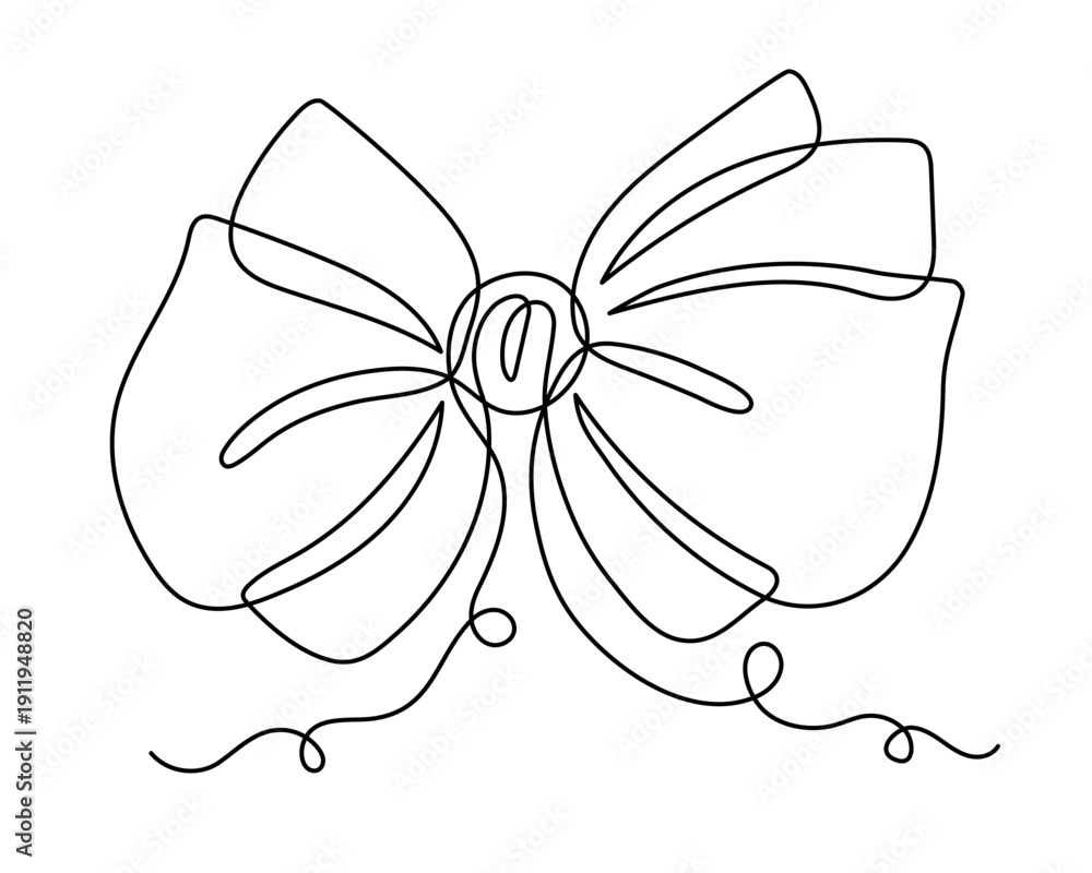 Fototapeta premium Bow knot one line art, hand-drawn ribbon butterfly gift continuous contour drawing. Decorative festive holiday minimalistic decoration, Christmas Birthday present. Editable stroke. Isolated. Vector 