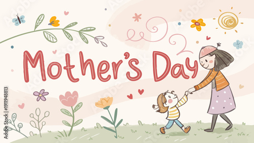 Happy mother and child celebrating Mother's Day with flowers and hearts