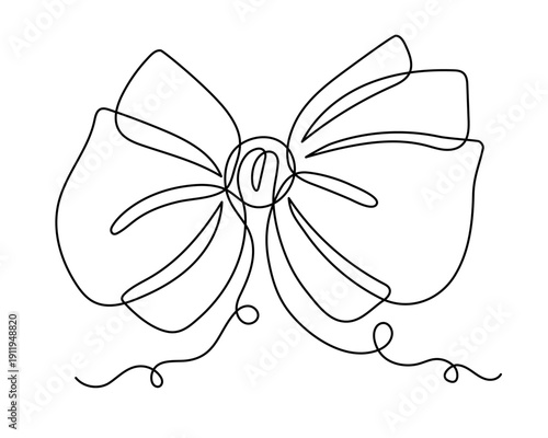 Bow knot one line art, hand-drawn ribbon butterfly gift continuous contour drawing. Decorative festive holiday minimalistic decoration, Christmas Birthday present. Editable stroke. Isolated. Vector 
