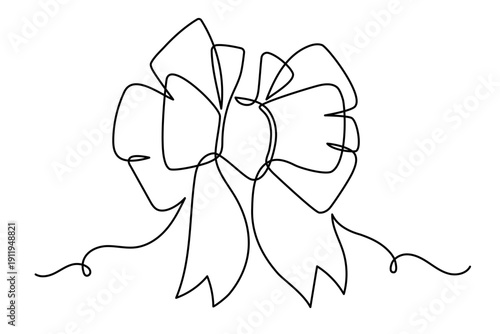 Bow knot one line art, hand-drawn ribbon butterfly gift continuous contour drawing. Decorative festive holiday minimalistic decoration, Christmas Birthday present. Editable stroke. Isolated. Vector 
