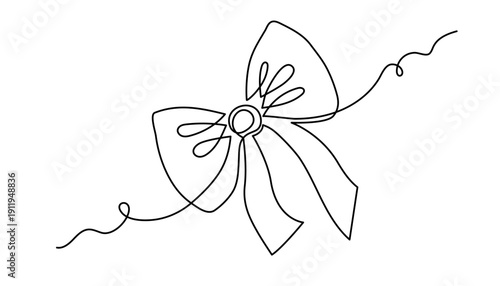 Bow knot one line art, hand-drawn ribbon butterfly gift continuous contour drawing. Decorative festive holiday minimalistic decoration, Christmas Birthday present. Editable stroke. Isolated. Vector 
