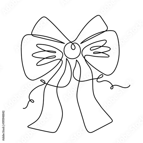 Bow knot one line art, hand-drawn ribbon butterfly gift continuous contour drawing. Decorative festive holiday minimalistic decoration, Christmas Birthday present. Editable stroke. Isolated. Vector 

