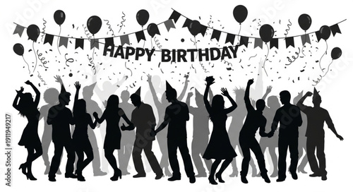 Silhouette People Celebrating Happy Birthday Party.