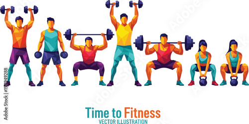 Colorful vector illustration of diverse people weightlifting, gym workout poses with dumbbells barbells kettlebells, fitness training exercise lifestyle concept