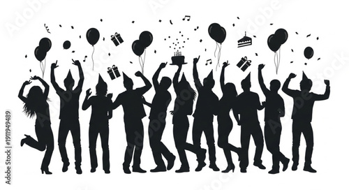 Silhouetted People Celebrating with Balloons.