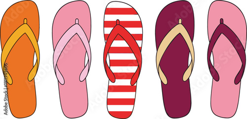 Colorful flip-flops illustration set – summer beach sandals in pastel and striped designs, cute flat cartoon slippers isolated on white background