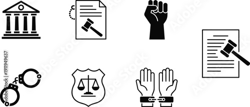 Criminal Justice Icon Set Vector Handcuffs Gavel On Law Document Courthouse Building And Police Badge Silhouette Symbols