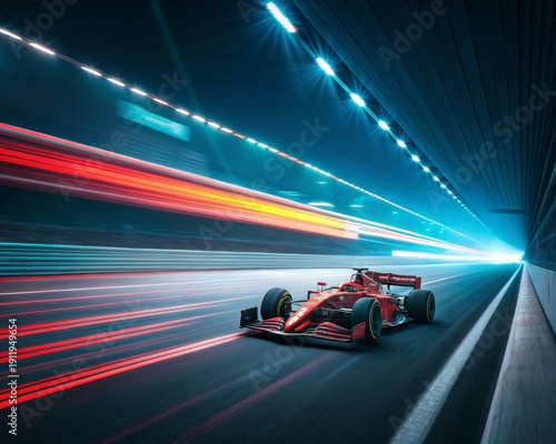 Red Formula 1 race car speeding through a bright illuminated tunnel with motion blur streaks