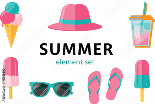 Summer element set illustration – colorful summer icons with ice cream, popsicles, flip flops, sunglasses, hat and cold drink, bright flat cartoon style, isolated on white background