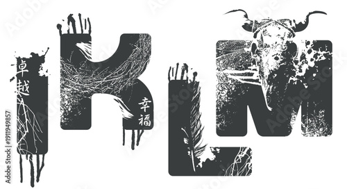 A vector font for word-images with bull scull, streaks, and scratches. Letters I, K, L, and M. The theme is horror, grunge, and urban. It creates a sense of madness, post-apocalypse, and underground. 