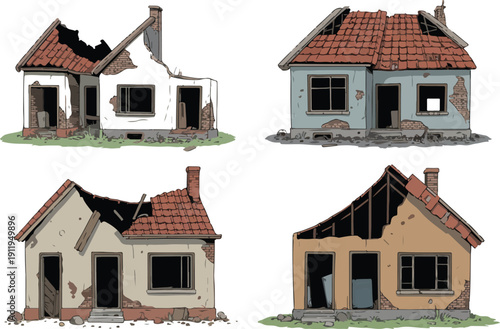 Cartoon Ruined Houses Outline Icon Set  Damaged Homes and Broken Roofs