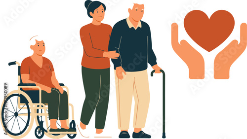 Senior Care Outline Icon Set  Compassionate Support with Wheelchair and Cane