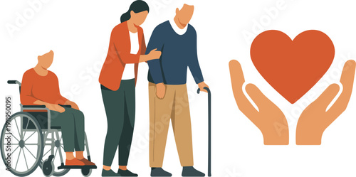 Mobility Assistance Line Icons  Elderly Support, Wheelchair, and Cane Use
