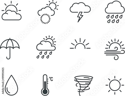 Collection of simple black and white outline icons representing various meteorological conditions and weather forecasting symbols.
