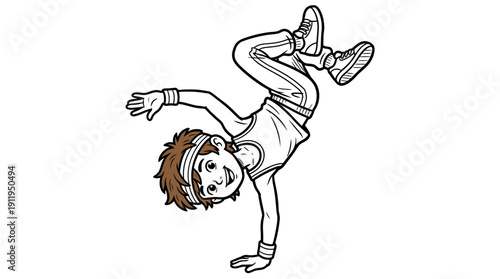 Energetic Breakdance Child Vector Illustration, Cartoon Style One-Handed Handstand Pose, Dynamic Youth Culture Vector Artwork, Athletic Dance Movement Line Art Drawing, Street Dance Vector Composition