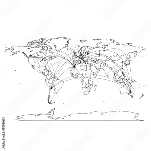 Minimalist line drawing of a world map with coastlines and continents in black and white.