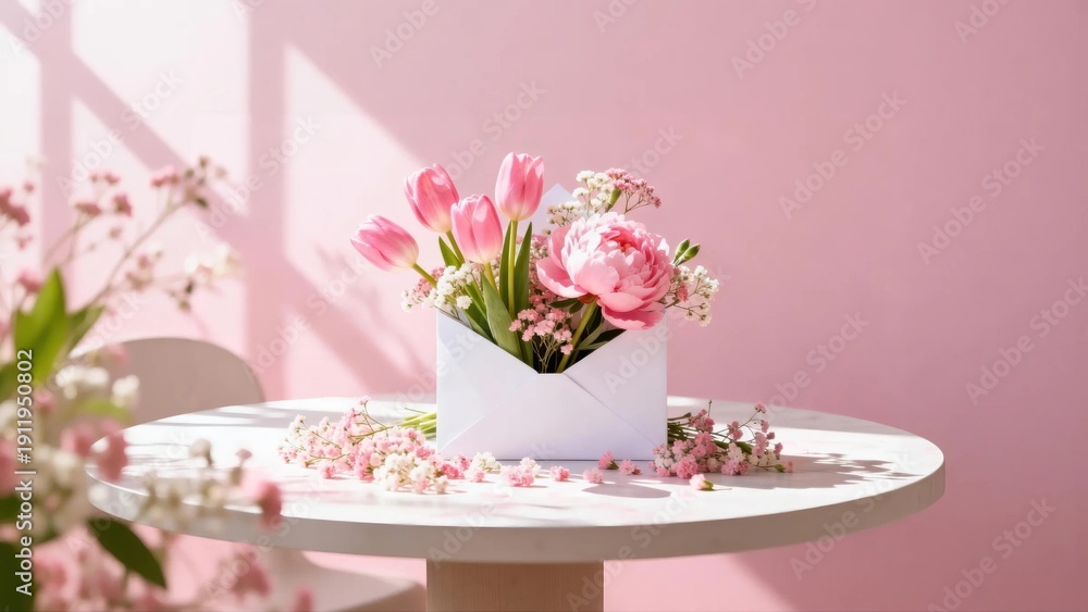 Fototapeta premium Creative Mother's Day concept with pink tulips and peonies flowers spilling out of white envelope