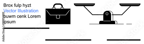 Legal services, justice system, business decisions, corporate law, ethics, work-life balance. A briefcase and a balance scale in black on white. Legal services and justice system concept