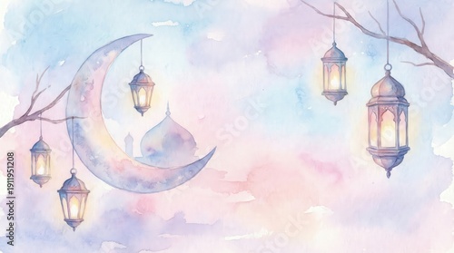 Serene Night with Moon and Lanterns in Soft Watercolor Style