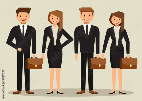 Four business professionals stand in a neat organized row