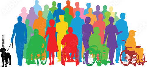 Colorful silhouette set of a diverse crowd, people in wheelchairs, person with service dog, inclusive community flat vector illustration.