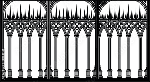 Gothic architecture vector illustration ornate colonnade arches spires quatrefoil patterns pointed arch columns historic design medieval cathedral style concept
