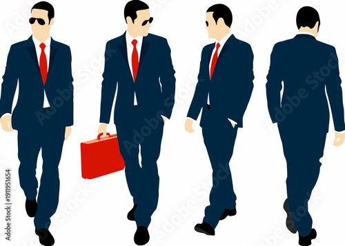 Stylized illustration of four men in suits from various perspectives