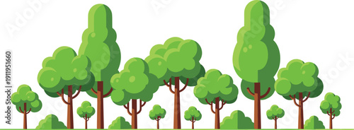 Green forest landscape vector illustration with flat style deciduous trees and bushes for nature background environment design ecological conservation and outdoor park scenery