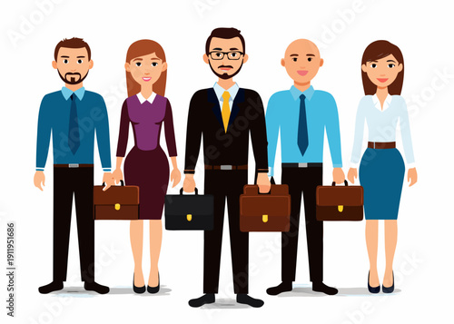 Diverse group of business professionals standing in a row with briefcases