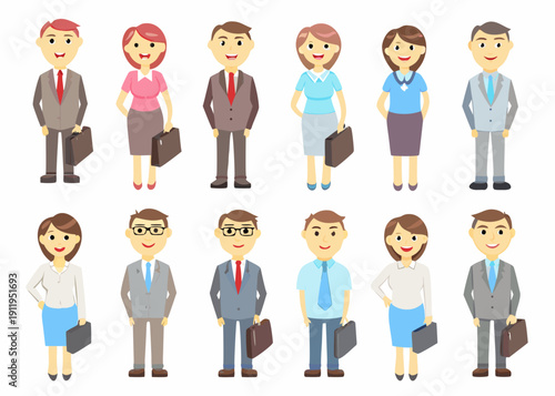Diverse group of cartoon people in business attire standing in rows